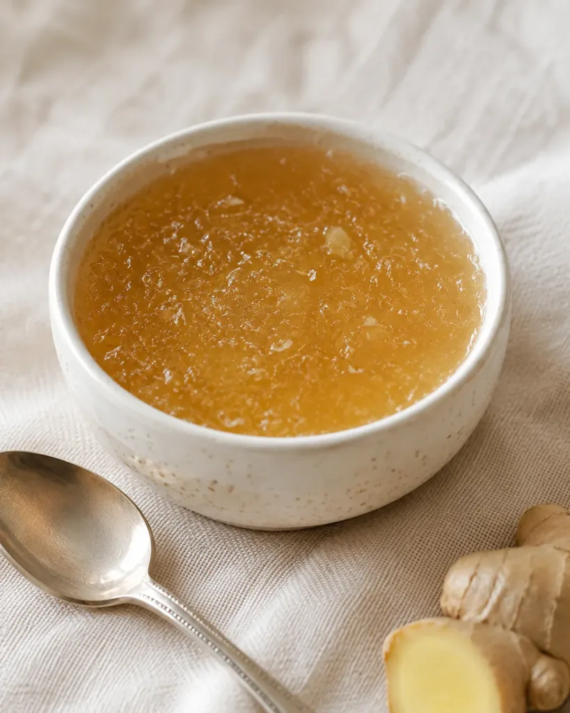 dr mark hyman bone broth gelatin in a small golden bowl with fresh ginger