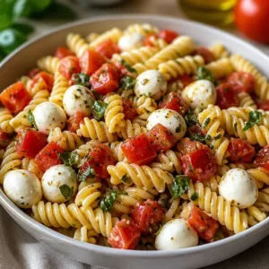 Bruschetta Pasta Salad with mini mozzarella balls in a bowl