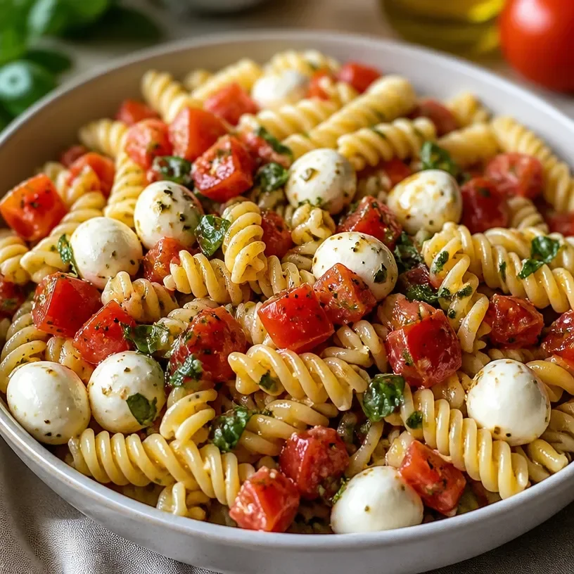 Bruschetta Pasta Salad with mini mozzarella balls in a bowl