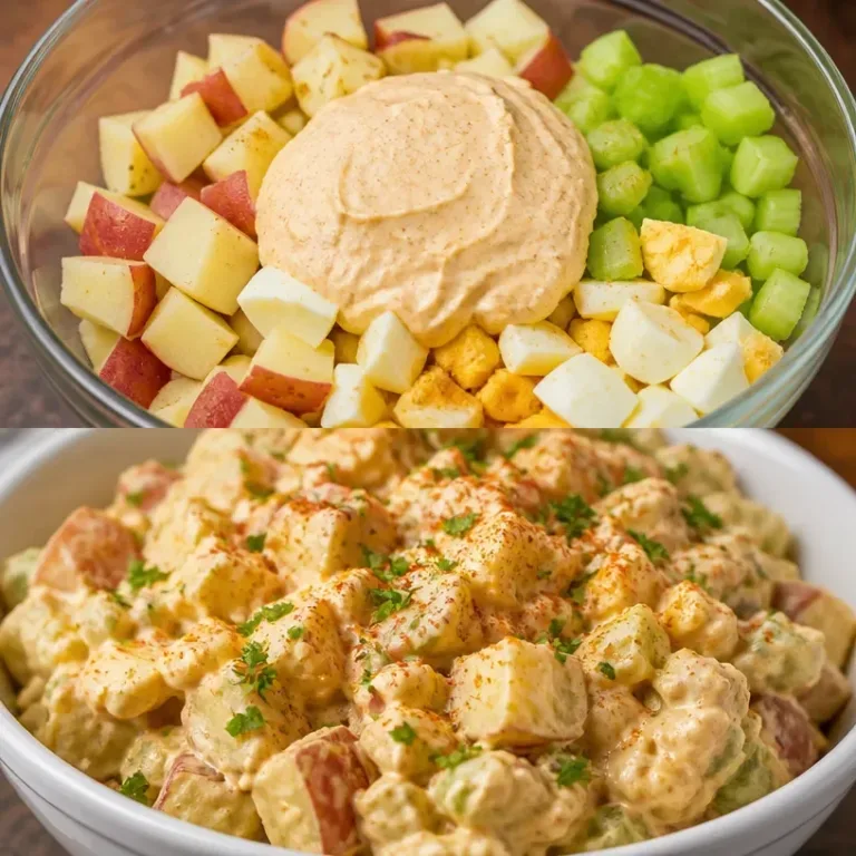 Bowl of Cajun Potato Salad garnished with herbs and spices