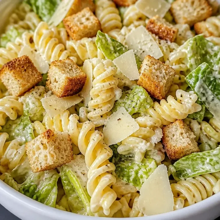 Delicious Chicken Caesar Pasta Salad garnished and ready to serve.