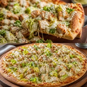 Chicken Caesar Salad Pizza topped with fresh greens and grilled chicken