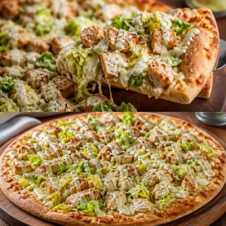 Chicken Caesar Salad Pizza topped with fresh greens and grilled chicken