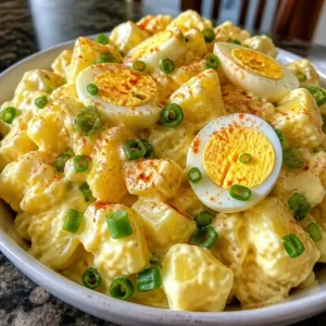 Bowl of classic potato salad with eggs and herbs