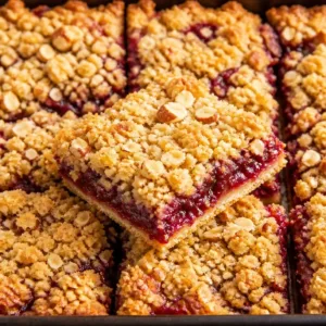 Delicious classic rhubarb crumble bars with a sweet crumbly topping