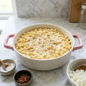 Creamy blended cottage cheese mac and cheese dish topped with cheese