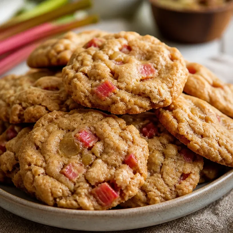 Delicious creamy brown sugar rhubarb cookies on a plate
