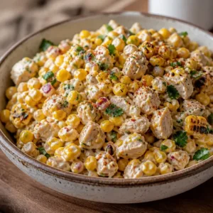 Creamy high protein chicken salad with street corn served in a bowl