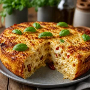 Delicious slice of Creamy Italian Pasta Cheesecake Delight with fresh ingredients