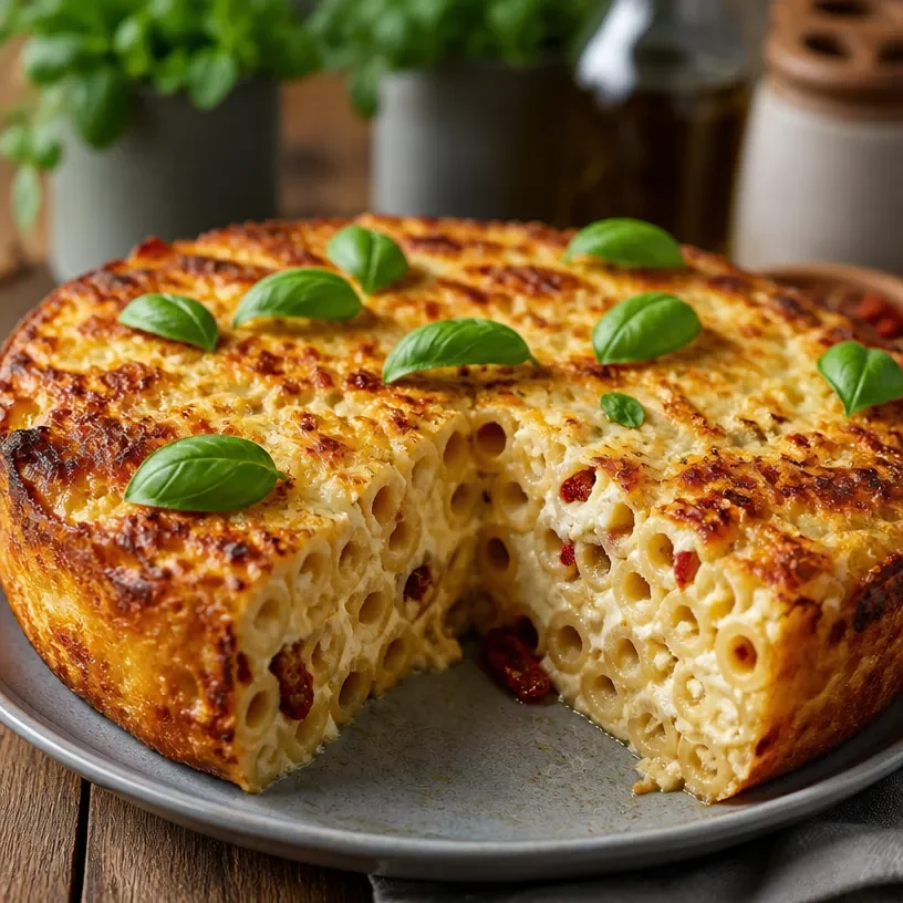 Delicious slice of Creamy Italian Pasta Cheesecake Delight with fresh ingredients