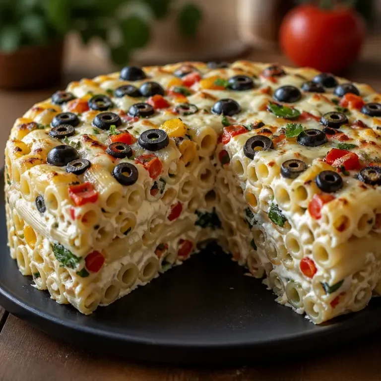 Creamy Italian pasta salad cheesecake with fresh ingredients and vibrant colors