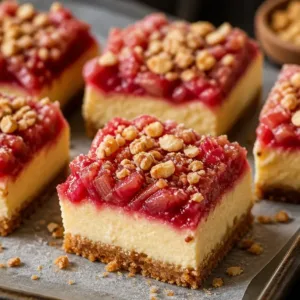 Rhubarb cheesecake squares on a plate, garnished with fresh rhubarb