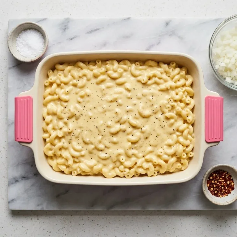 Creamy blended cottage cheese mac and cheese dish served in a bowl