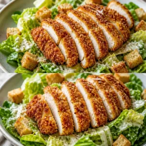 Extra crispy chicken Caesar salad with fresh romaine and creamy dressing