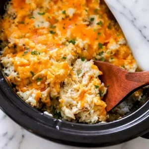 Five-ingredient slow cooker chicken and rice dish in a bowl