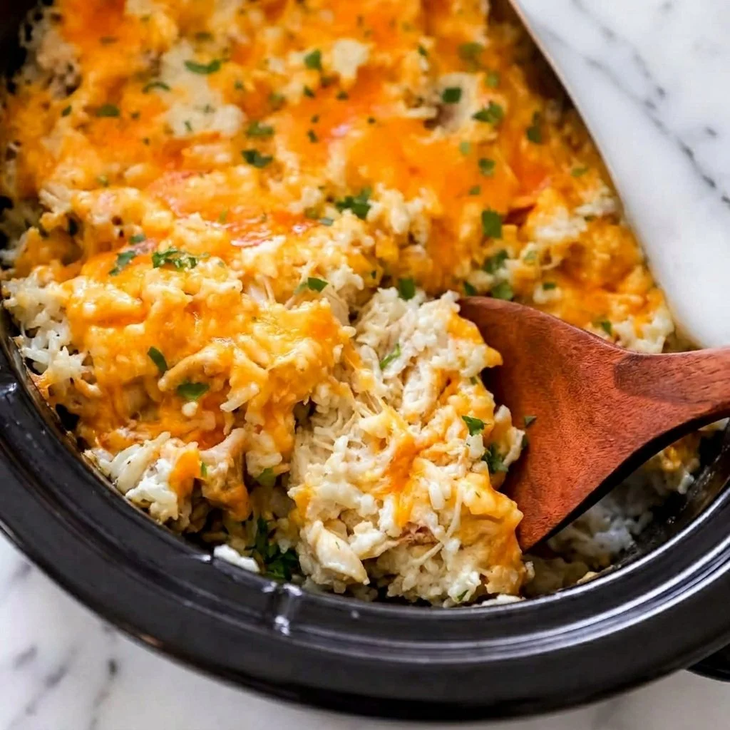Five-ingredient slow cooker chicken and rice dish in a bowl