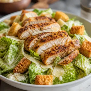 Grilled chicken caesar salad topped with parmesan and croutons on a plate