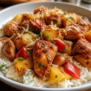 Plate of Hawaiian Chicken served with coconut rice and tropical garnishes