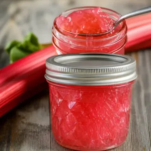 Homemade rhubarb jelly in a jar with fresh rhubarb stalks