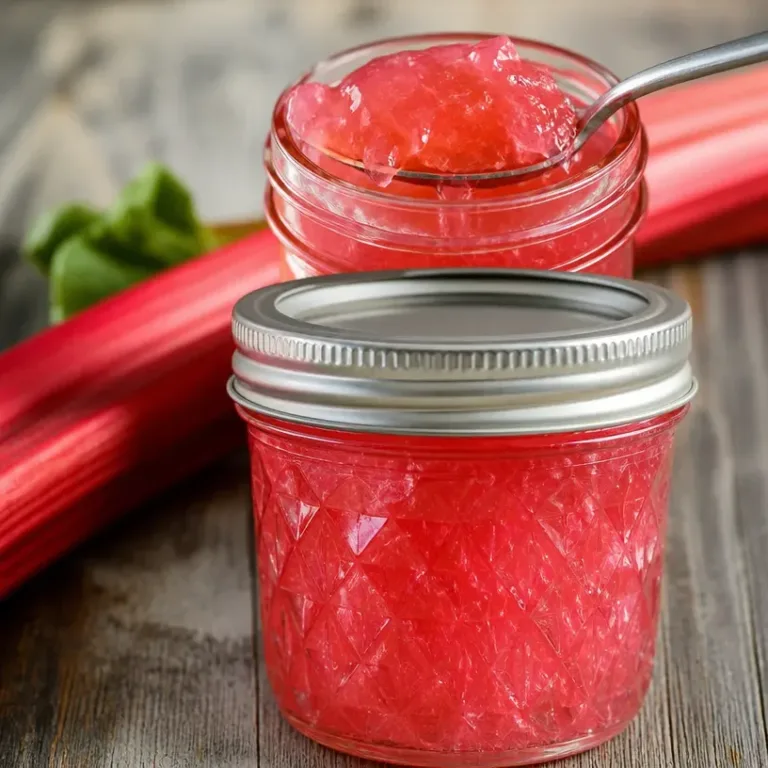 Homemade rhubarb jelly in a jar with fresh rhubarb stalks