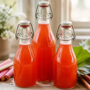 Homemade rhubarb honey soda in a glass with fresh rhubarb and honey ingredients