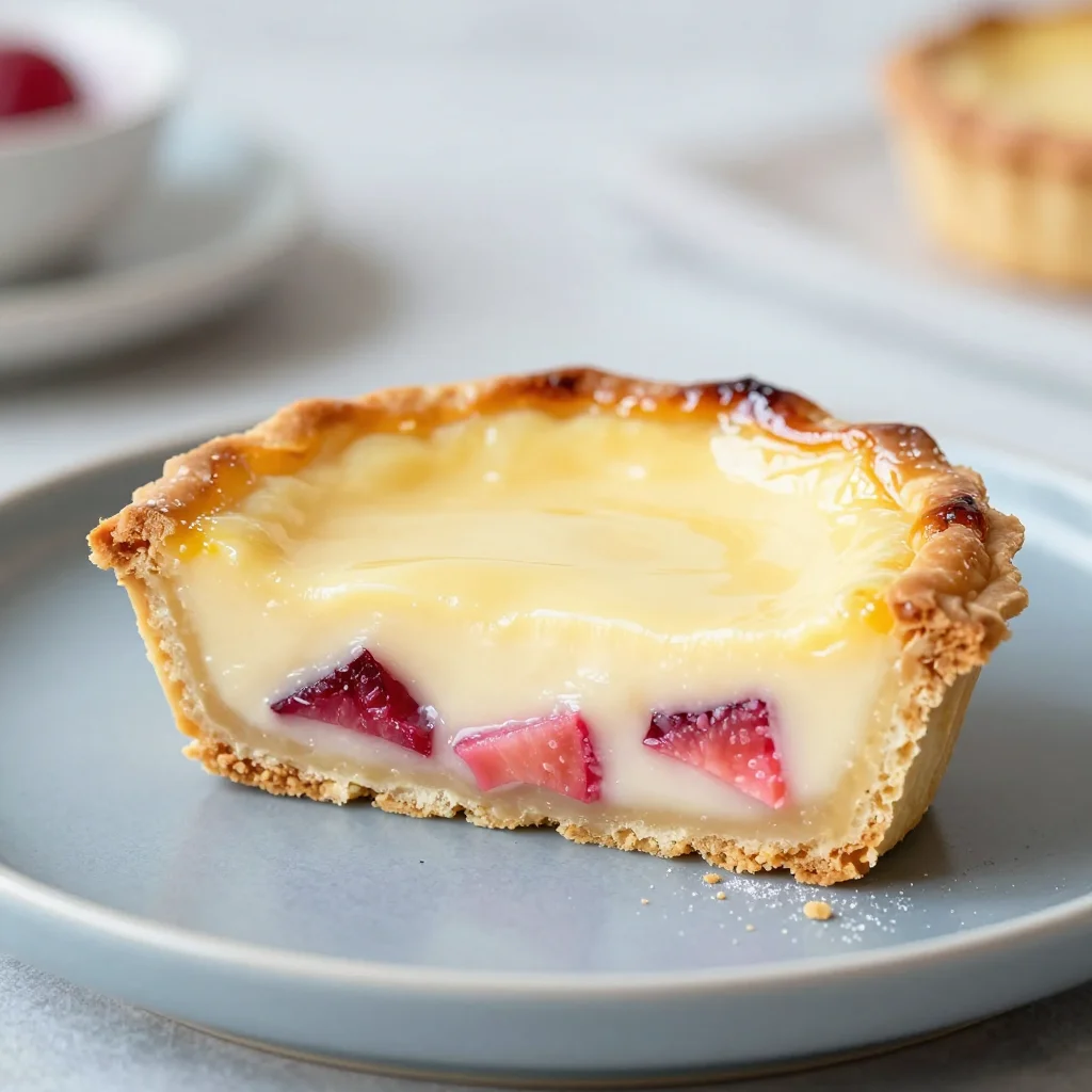 slice of zesty rhubarb lemon pie with golden crust on a white plate