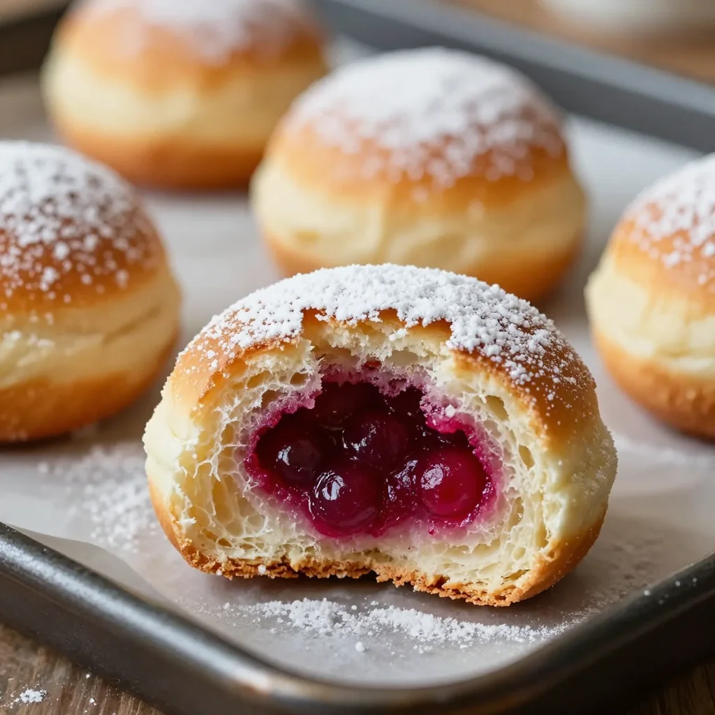 rhubarb cheesecake bombs dusted with powdered sugar on a white plate