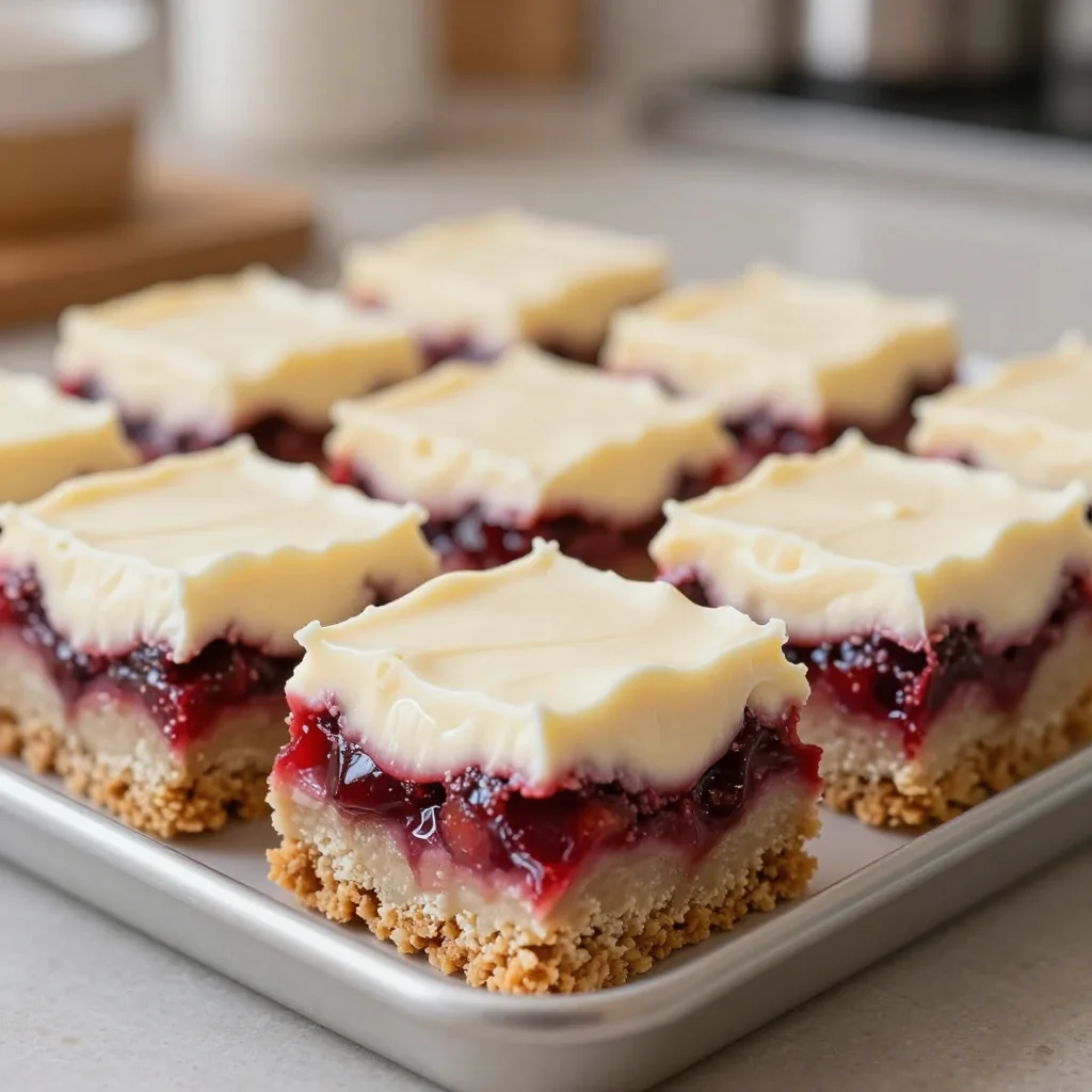 rhubarb bars with cream cheese topping cut into squares on parchment paper