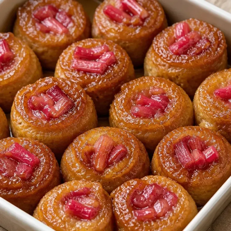 Close-up of delicious upside down rhubarb muffins freshly baked and styled.