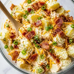 Loaded baked potato salad topped with cheese, bacon, and green onions.