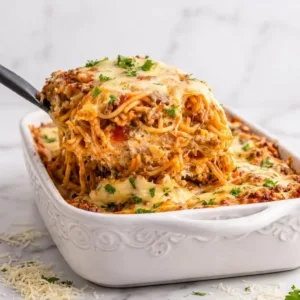 Delicious Million Dollar Ground Beef Casserole served in a baking dish