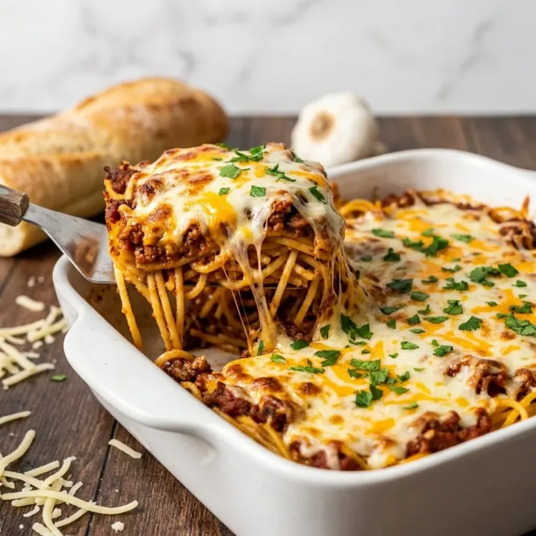 Delicious Million Dollar Ground Beef Casserole baked in a dish.