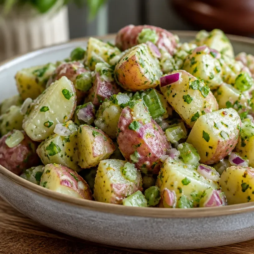 No mayo potato salad with fresh herbs in a bowl