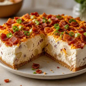 Nostalgic creamy potato salad cheesecake dessert featuring potatoes and cheese