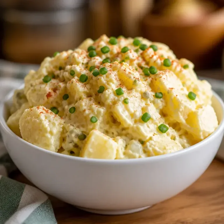 Homemade old-fashioned potato salad served in a bowl.