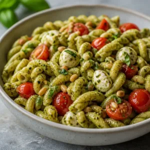 Delicious pesto pasta salad with fresh vegetables and basil dressing