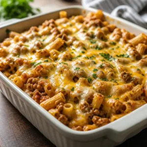 Quick 5-Ingredient Taco Pasta Casserole ready to serve on a dinner plate