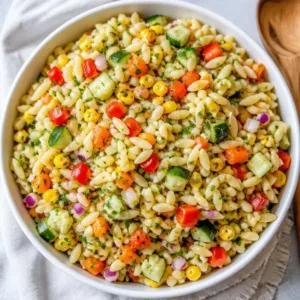 Vibrant bowl of rainbow orzo salad with fresh vegetables and herbs.
