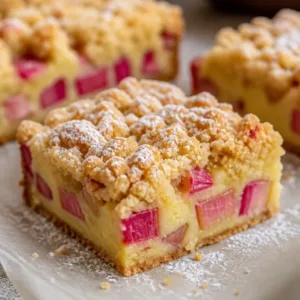 Delicious Rhubarb Custard Bars served on a rustic wooden table.
