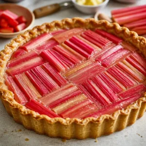 Delicious homemade rhubarb tart with flaky crust and vibrant filling