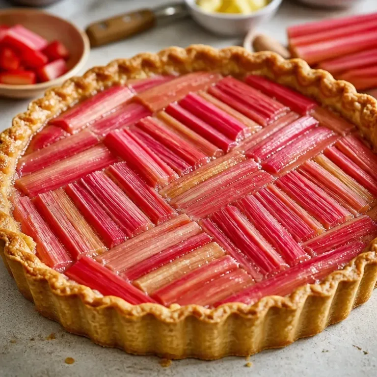 Delicious homemade rhubarb tart with flaky crust and vibrant filling