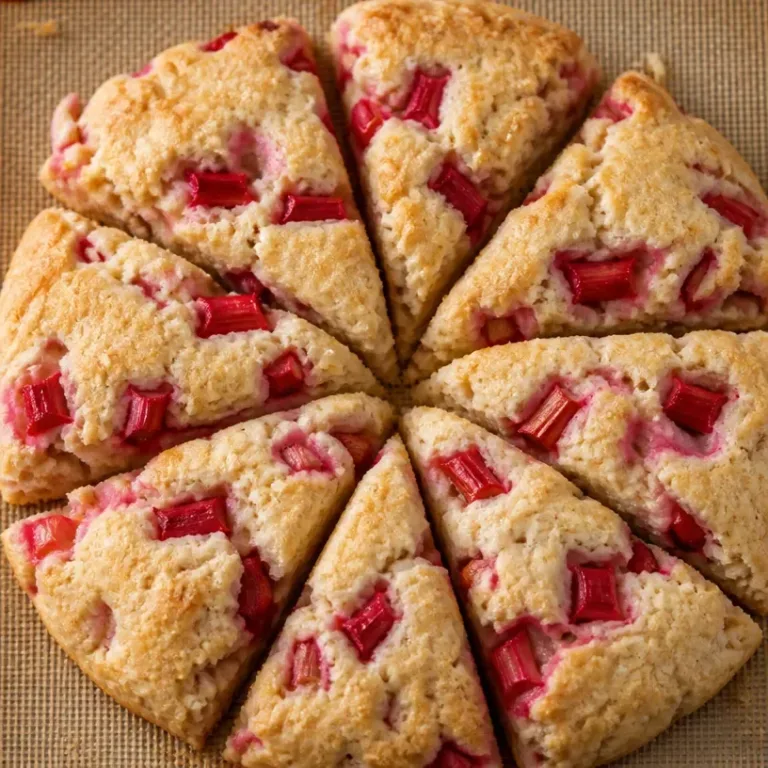 Rhubarb vanilla bean scones freshly baked and served on a cozy table setting.