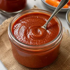 A jar of Roasted Rhubarb Barbecue Sauce with fresh rhubarb and herbs.