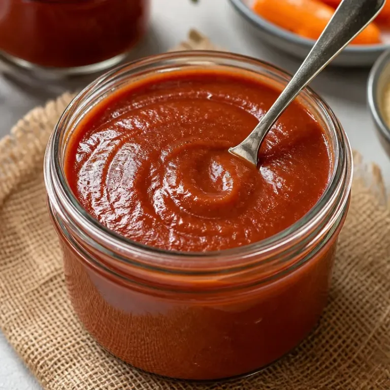 A jar of Roasted Rhubarb Barbecue Sauce with fresh rhubarb and herbs.