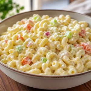 Delicious simple macaroni salad in a bowl, perfect for picnics and gatherings