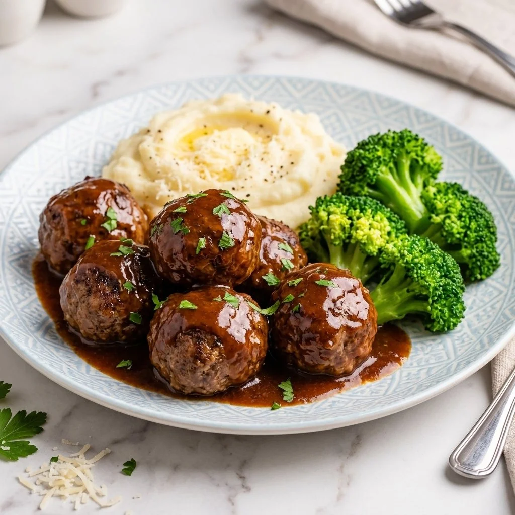 Delicious slow cooker French onion meatballs served on a plate.