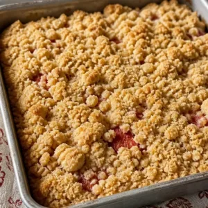 Deliciously moist Sour Cream Rhubarb Cake served on a rustic wooden table.