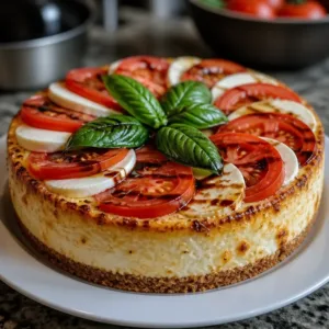 Southern Caprese Cheesecake topped with fresh tomatoes and basil