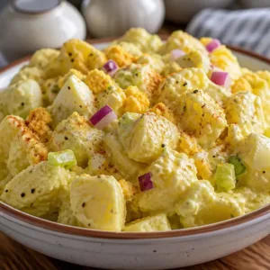 Delicious Southern Potato Salad served in a bowl with fresh herbs