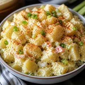 Delicious Southern potato salad served in a bowl with eggs and spices